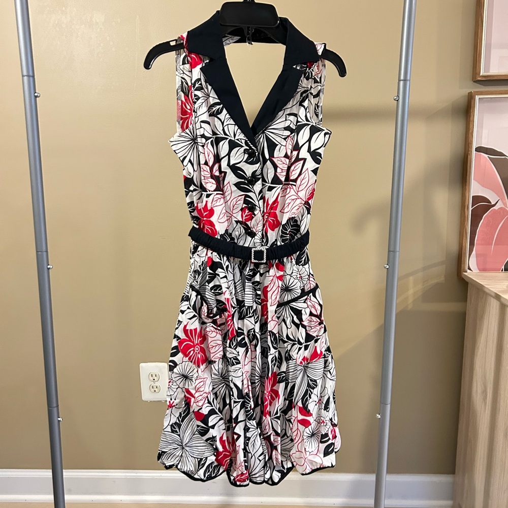 Floral Sleeveless Dress - Black, White, Red